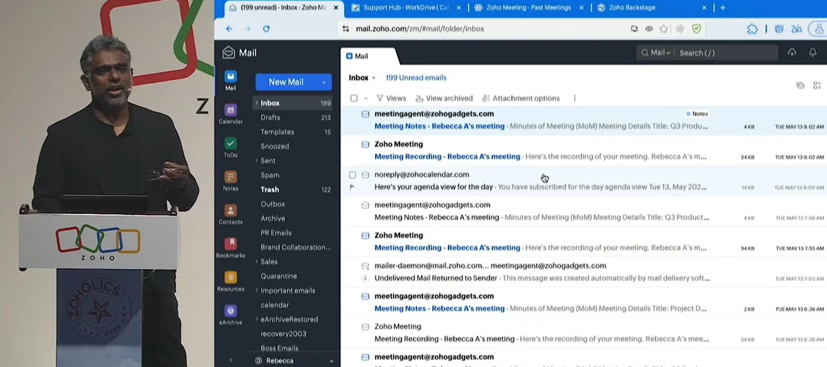 Zoho 亞太區副總裁 Gibu Mathew 於 Zoholics 大會介紹全新 AI 技術 Zia Hubs 平台，同時展示配備先進 Zia AI 功能的強化版「CRM for Everyone」平台。